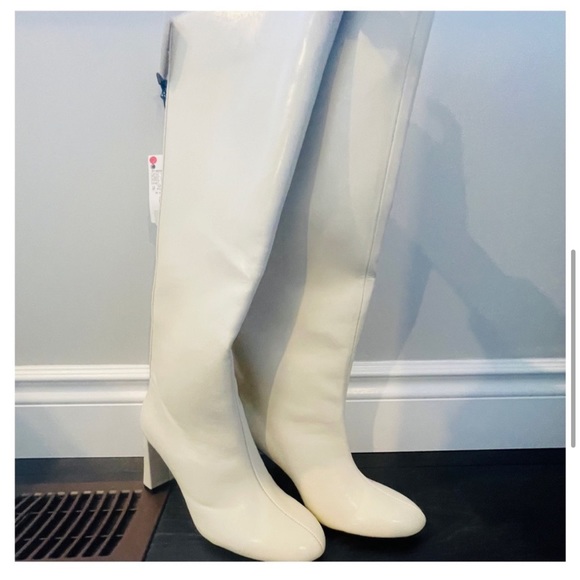 ZARA Off White Cream Knee High Heeled Leather Boots - Picture 5 of 16